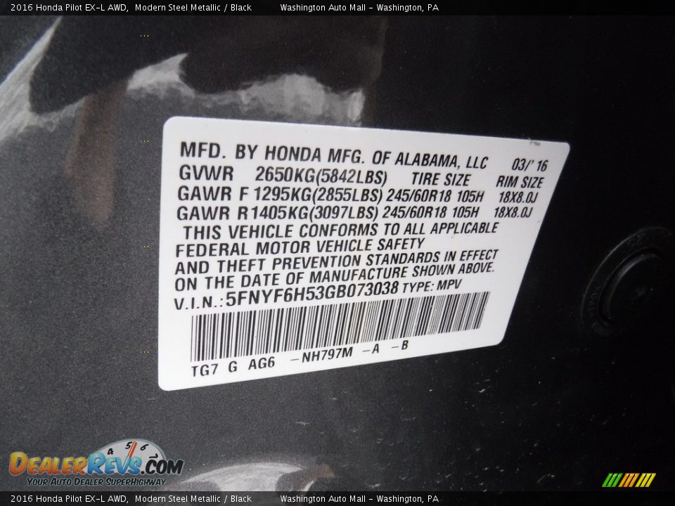 2016 Honda Pilot EX-L AWD Modern Steel Metallic / Black Photo #29