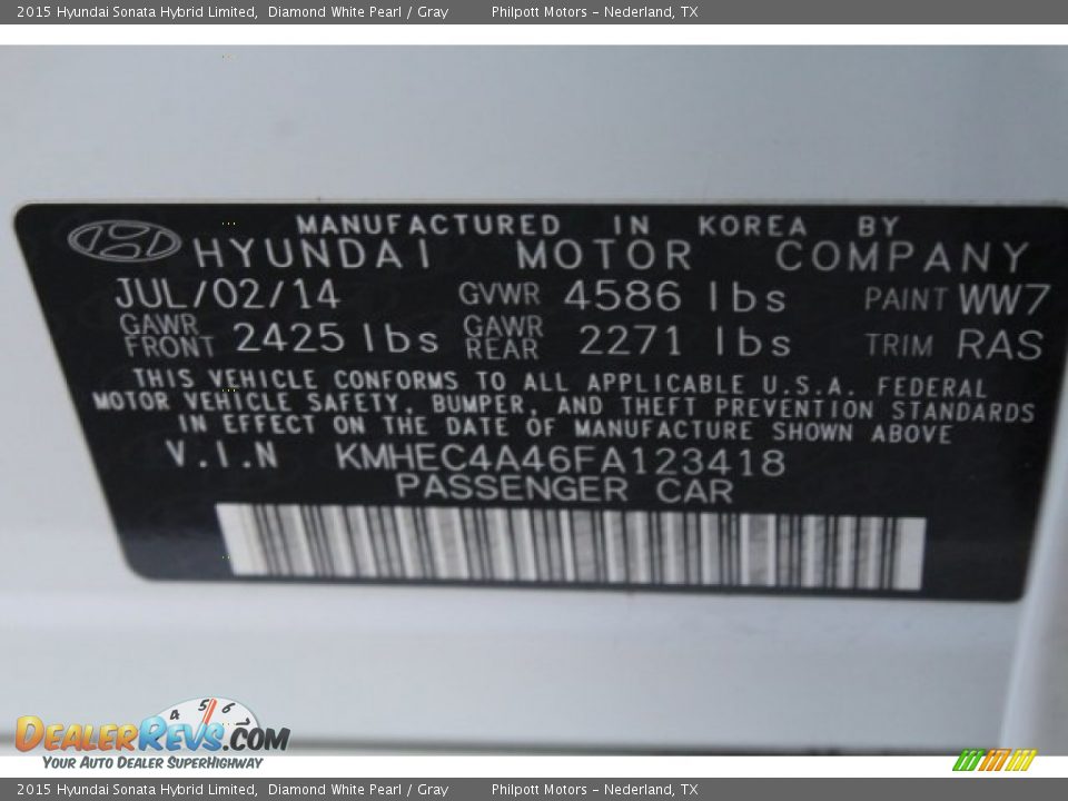 2015 Hyundai Sonata Hybrid Limited Diamond White Pearl / Gray Photo #36