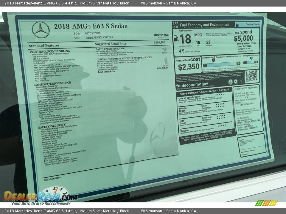 2018 Mercedes-Benz E AMG 63 S 4Matic Window Sticker Photo #10