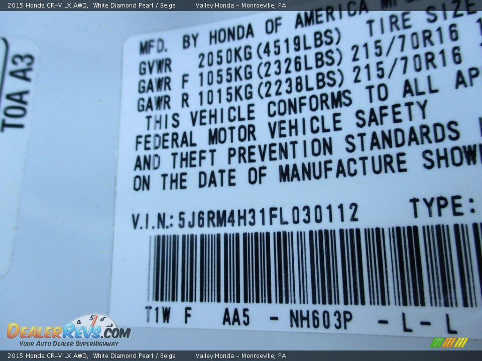 2015 Honda CR-V LX AWD White Diamond Pearl / Beige Photo #19