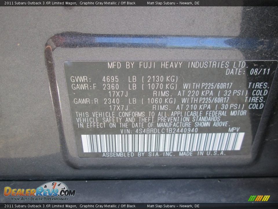 2011 Subaru Outback 3.6R Limited Wagon Graphite Gray Metallic / Off Black Photo #30