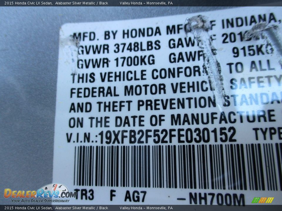 2015 Honda Civic LX Sedan Alabaster Silver Metallic / Black Photo #19