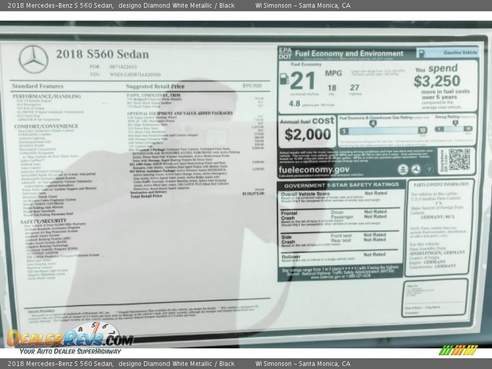 2018 Mercedes-Benz S 560 Sedan designo Diamond White Metallic / Black Photo #10