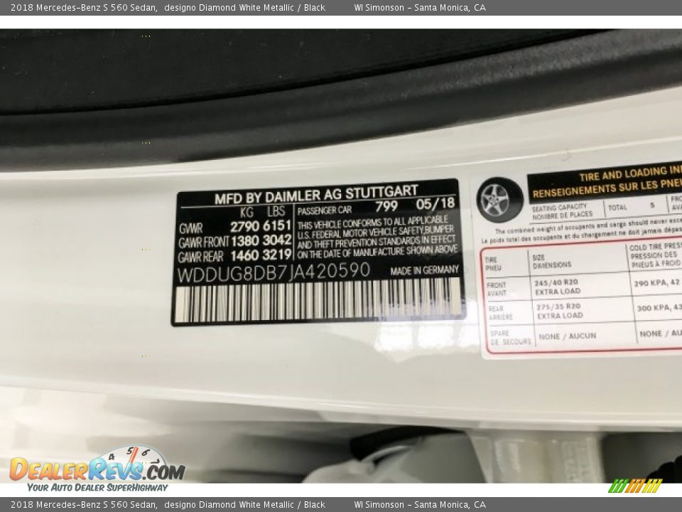 2018 Mercedes-Benz S 560 Sedan designo Diamond White Metallic / Black Photo #11