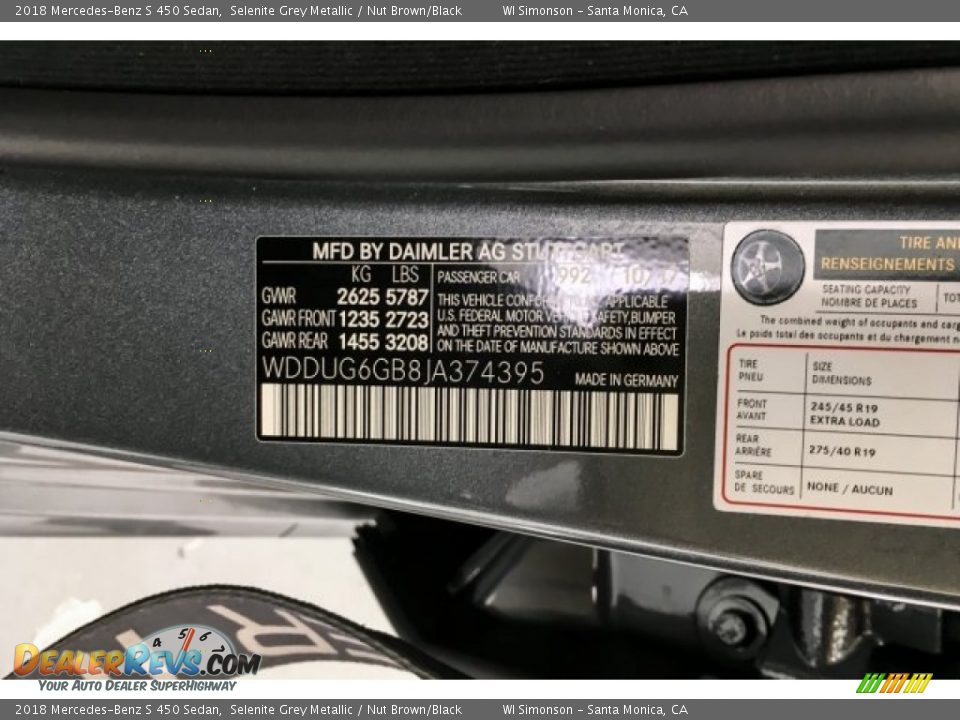 2018 Mercedes-Benz S 450 Sedan Selenite Grey Metallic / Nut Brown/Black Photo #11