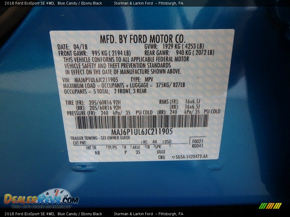 2018 Ford EcoSport SE 4WD Blue Candy / Ebony Black Photo #10