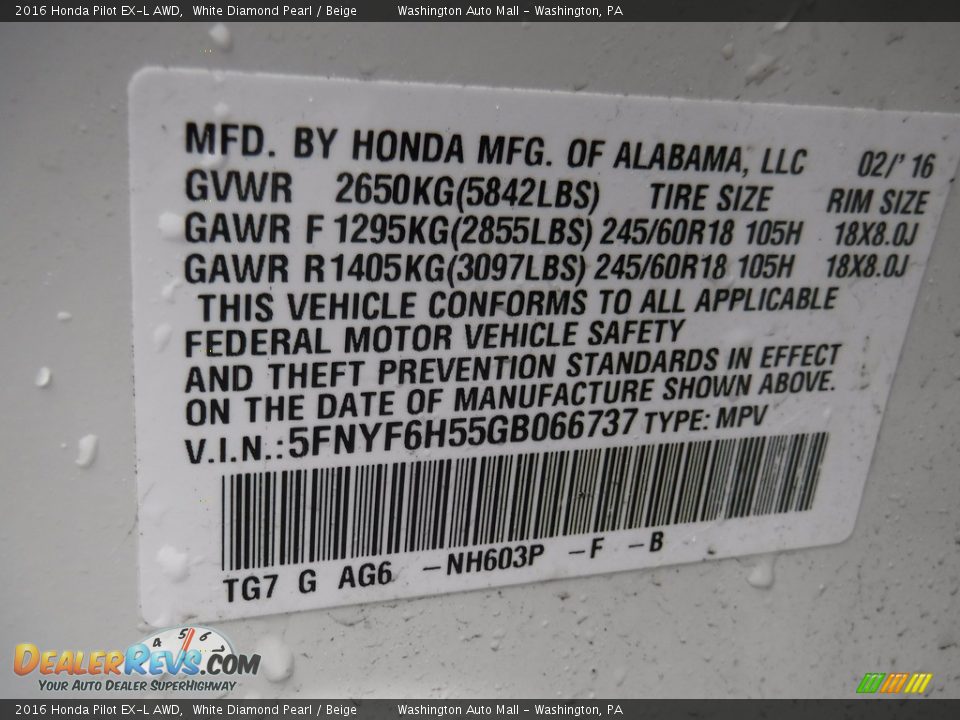 2016 Honda Pilot EX-L AWD White Diamond Pearl / Beige Photo #29