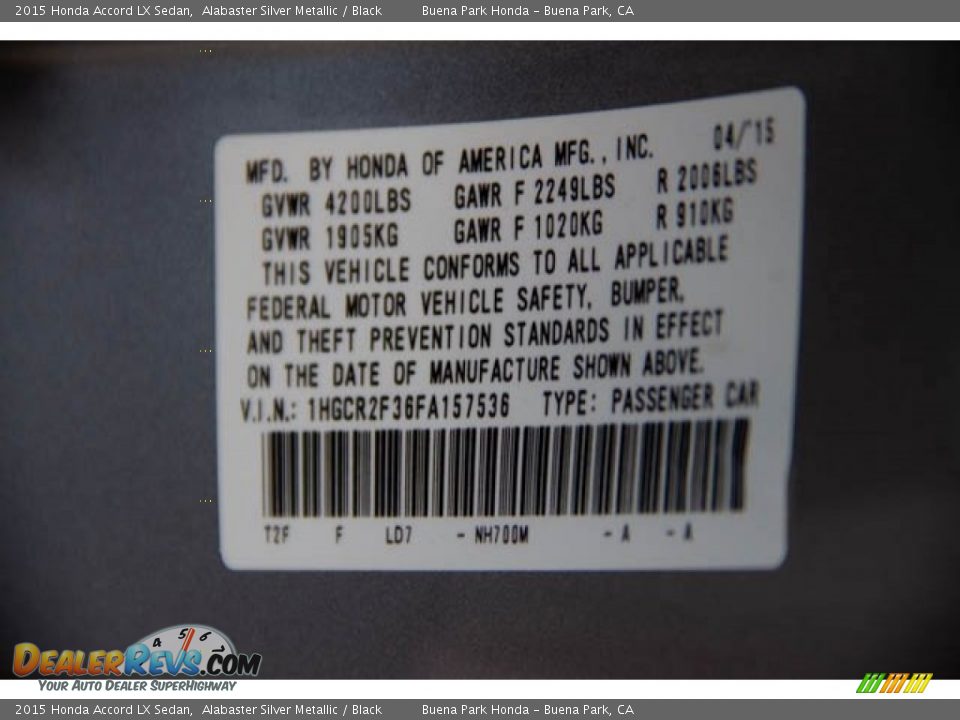 2015 Honda Accord LX Sedan Alabaster Silver Metallic / Black Photo #35