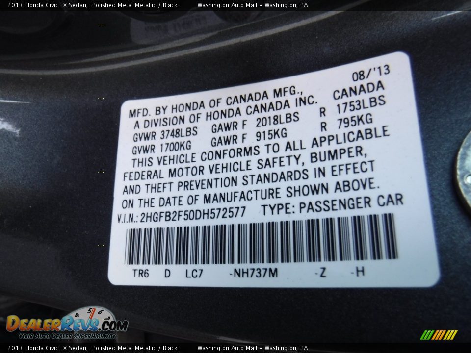 2013 Honda Civic LX Sedan Polished Metal Metallic / Black Photo #22