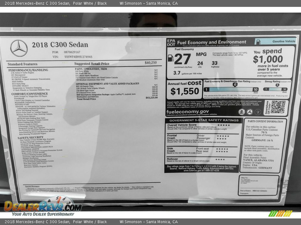 2018 Mercedes-Benz C 300 Sedan Polar White / Black Photo #10