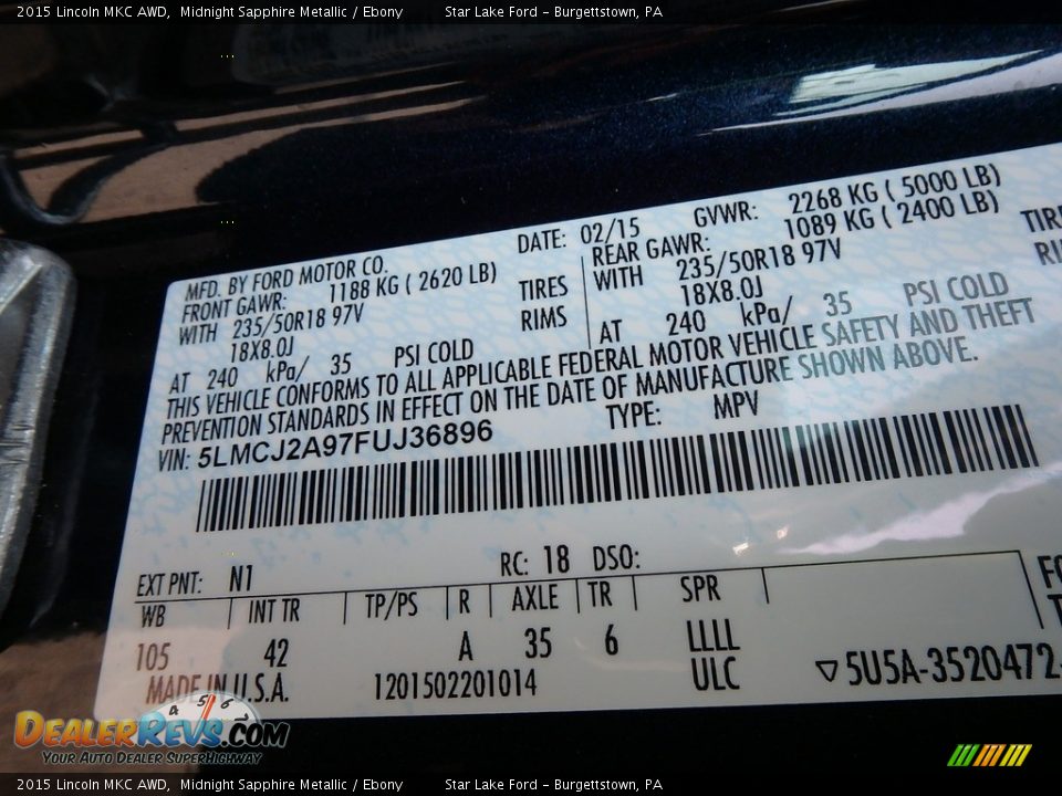 2015 Lincoln MKC AWD Midnight Sapphire Metallic / Ebony Photo #14