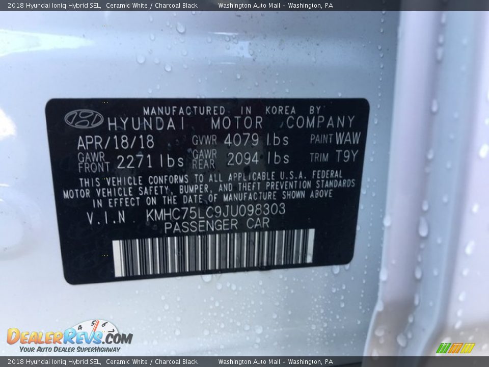 2018 Hyundai Ioniq Hybrid SEL Ceramic White / Charcoal Black Photo #31
