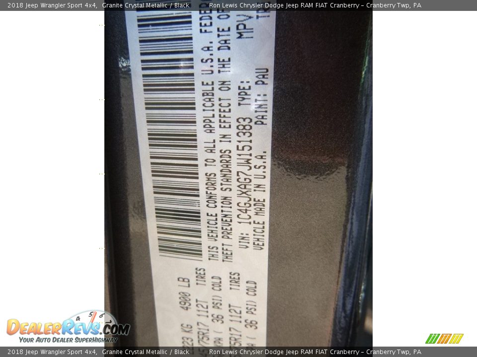 2018 Jeep Wrangler Sport 4x4 Granite Crystal Metallic / Black Photo #16