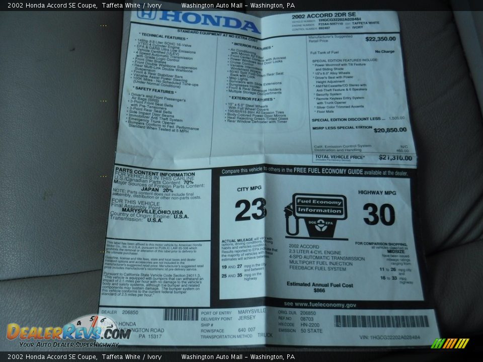2002 Honda Accord SE Coupe Taffeta White / Ivory Photo #22