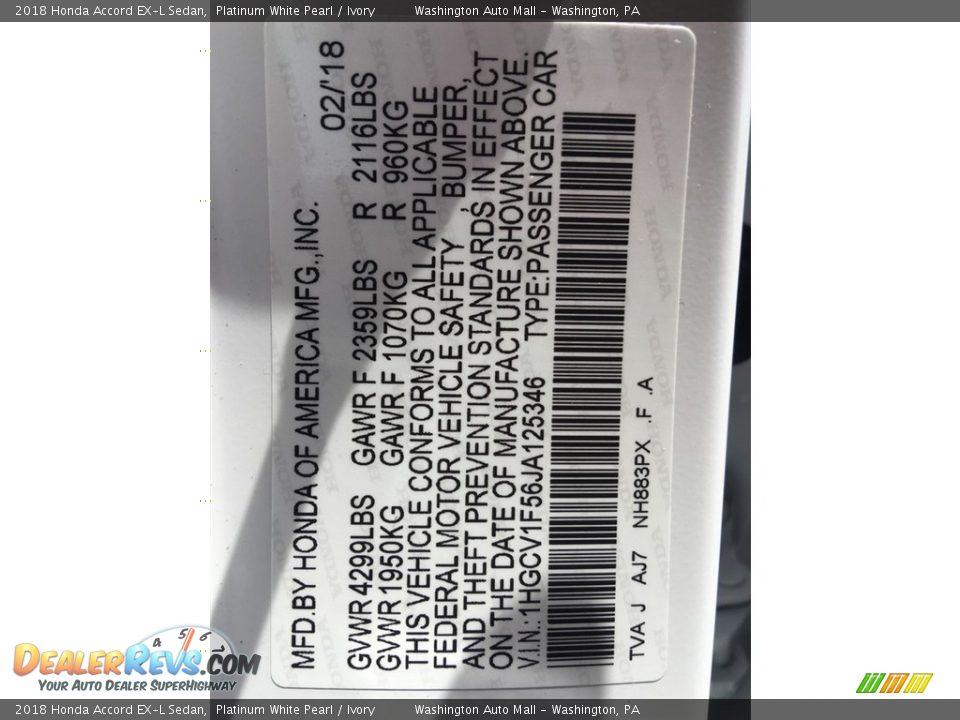 2018 Honda Accord EX-L Sedan Platinum White Pearl / Ivory Photo #29