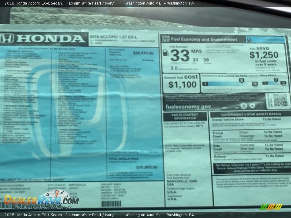 2018 Honda Accord EX-L Sedan Platinum White Pearl / Ivory Photo #31