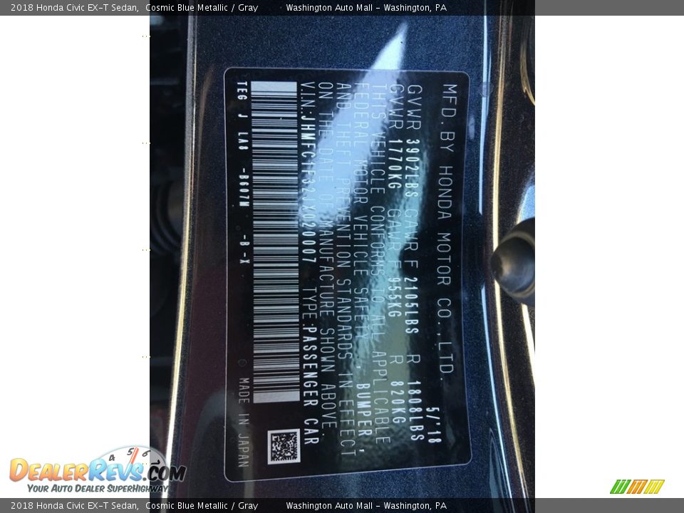 2018 Honda Civic EX-T Sedan Cosmic Blue Metallic / Gray Photo #26