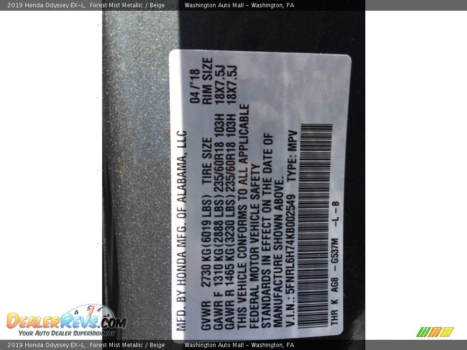 2019 Honda Odyssey EX-L Forest Mist Metallic / Beige Photo #33