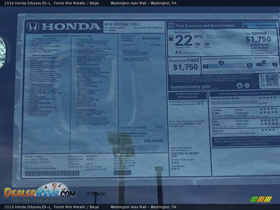 2019 Honda Odyssey EX-L Forest Mist Metallic / Beige Photo #35