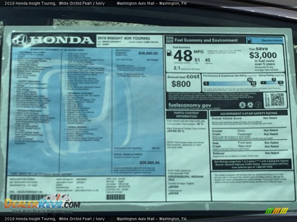 2019 Honda Insight Touring White Orchid Pearl / Ivory Photo #31