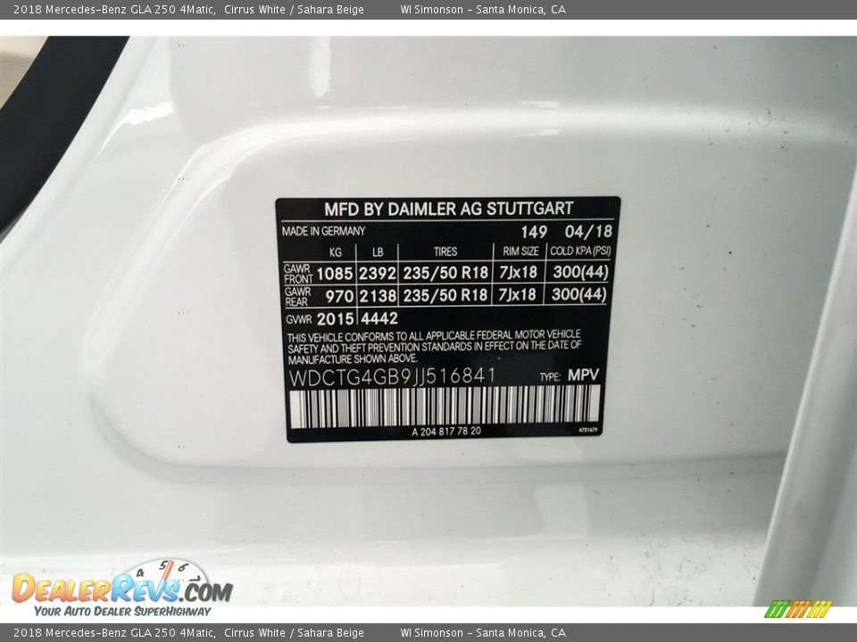 2018 Mercedes-Benz GLA 250 4Matic Cirrus White / Sahara Beige Photo #11