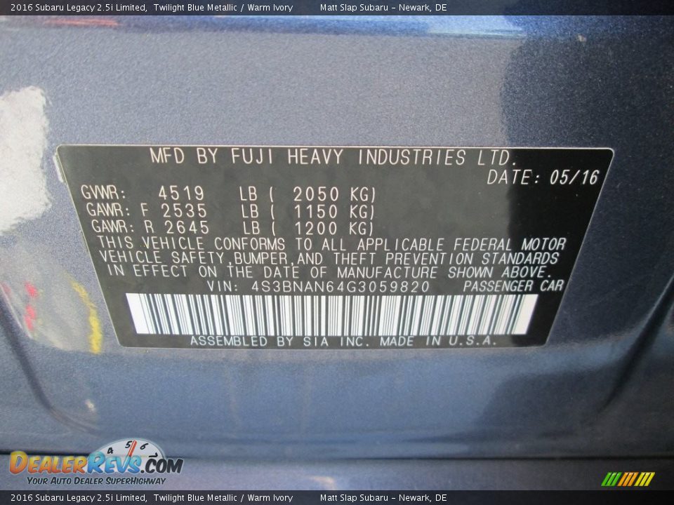 2016 Subaru Legacy 2.5i Limited Twilight Blue Metallic / Warm Ivory Photo #30