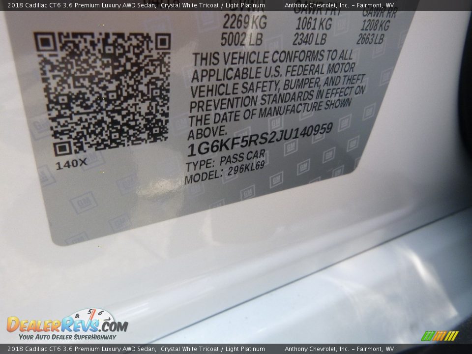 2018 Cadillac CT6 3.6 Premium Luxury AWD Sedan Crystal White Tricoat / Light Platinum Photo #14