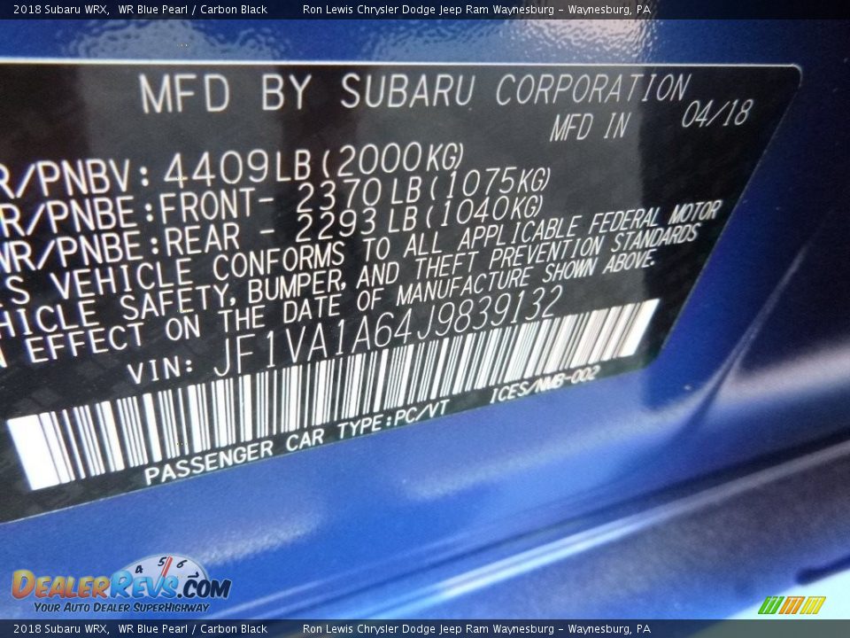 2018 Subaru WRX WR Blue Pearl / Carbon Black Photo #15