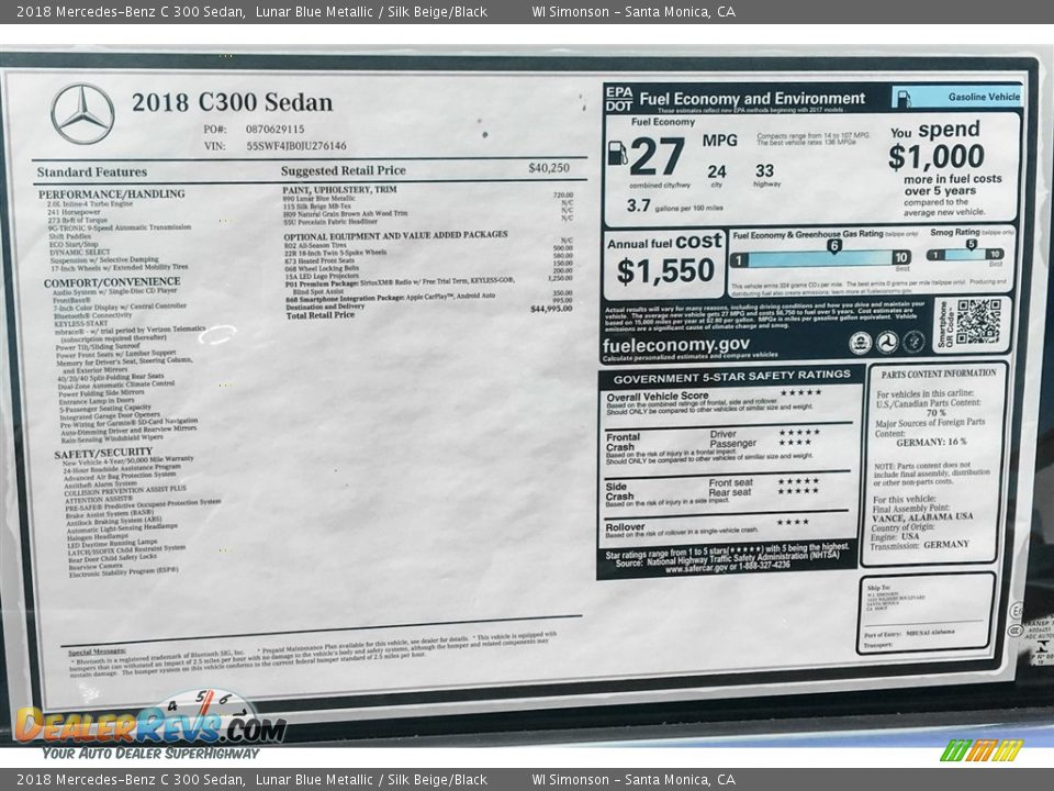 2018 Mercedes-Benz C 300 Sedan Lunar Blue Metallic / Silk Beige/Black Photo #10