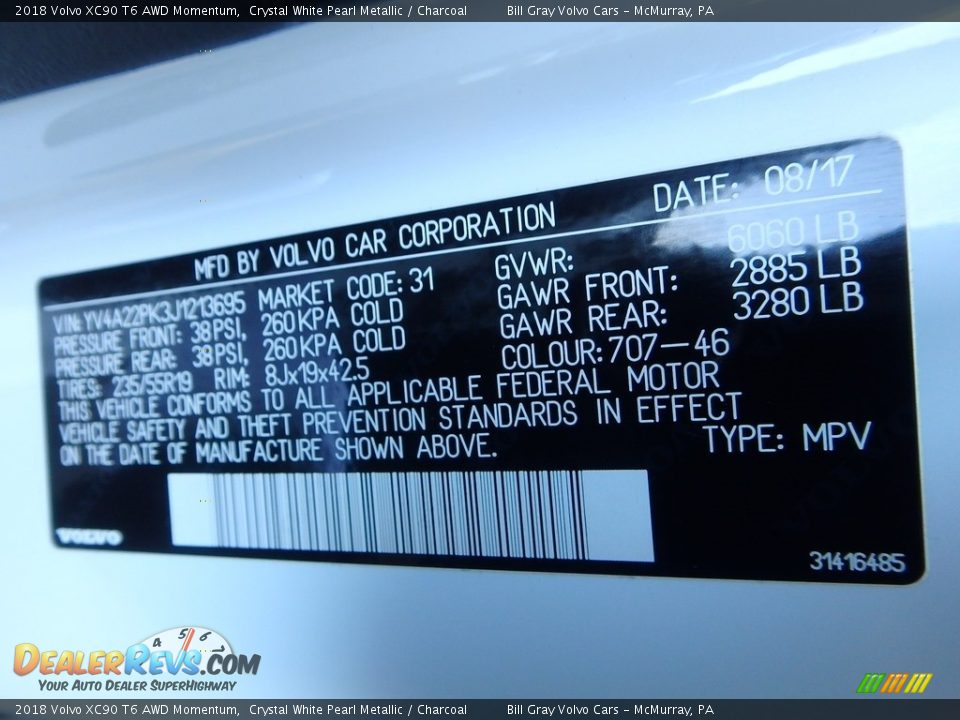2018 Volvo XC90 T6 AWD Momentum Crystal White Pearl Metallic / Charcoal Photo #21