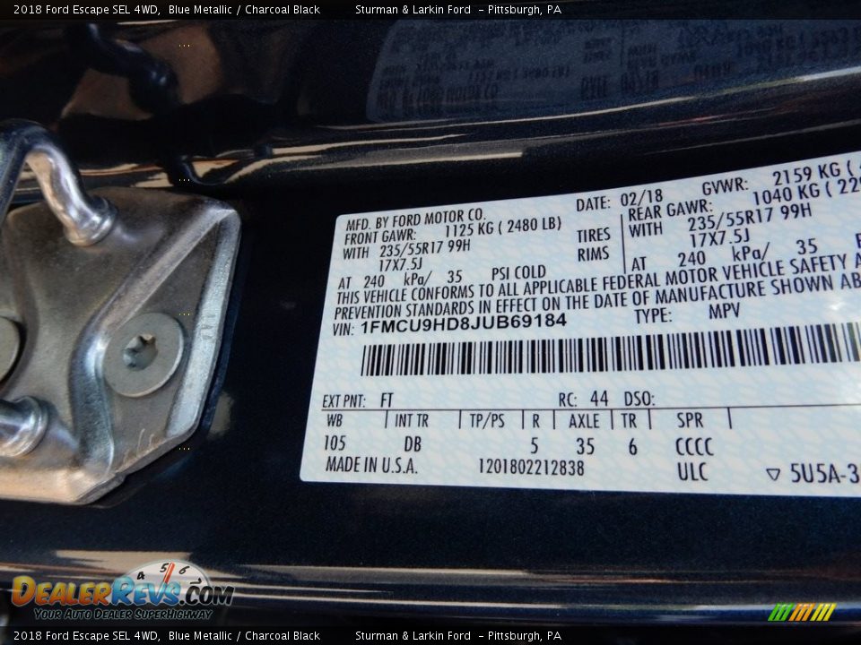 2018 Ford Escape SEL 4WD Blue Metallic / Charcoal Black Photo #11