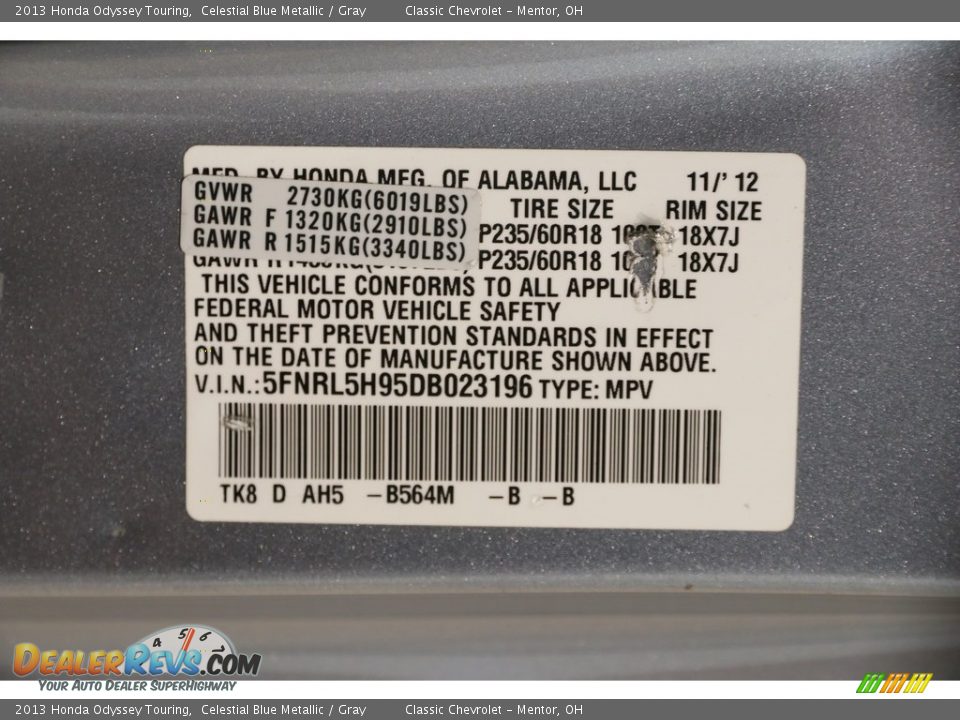 2013 Honda Odyssey Touring Celestial Blue Metallic / Gray Photo #26