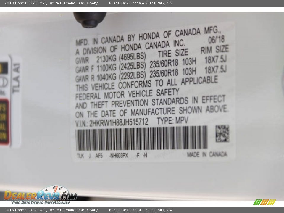 2018 Honda CR-V EX-L White Diamond Pearl / Ivory Photo #27