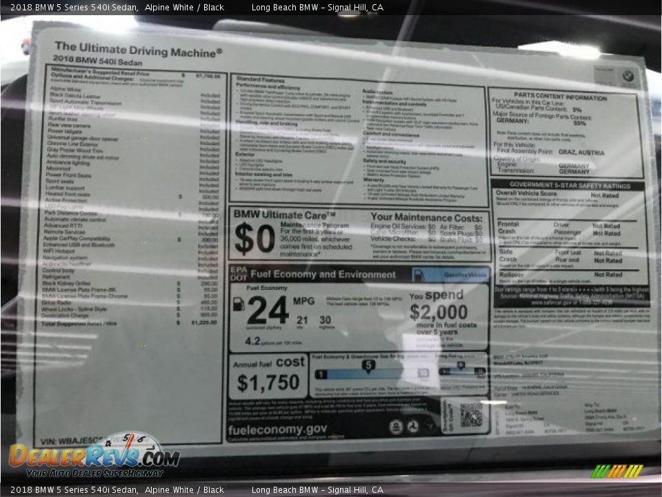 2018 BMW 5 Series 540i Sedan Alpine White / Black Photo #10