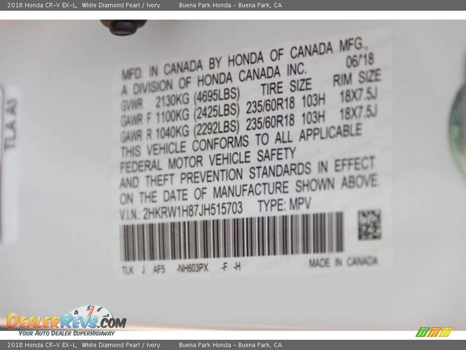 2018 Honda CR-V EX-L White Diamond Pearl / Ivory Photo #27