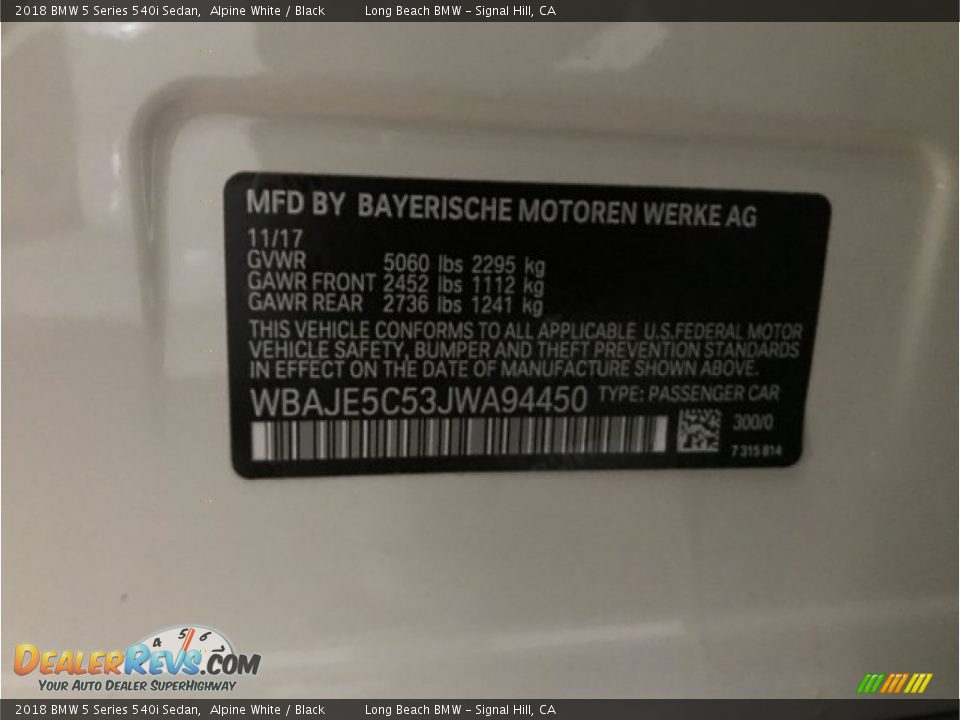 2018 BMW 5 Series 540i Sedan Alpine White / Black Photo #12