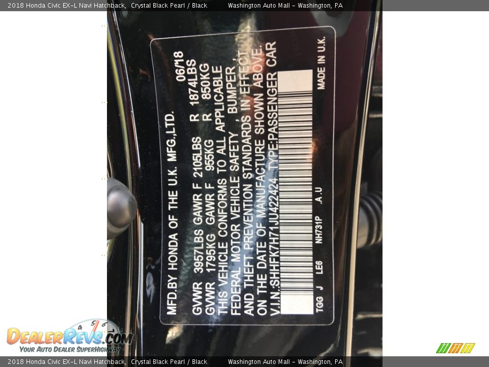 2018 Honda Civic EX-L Navi Hatchback Crystal Black Pearl / Black Photo #27