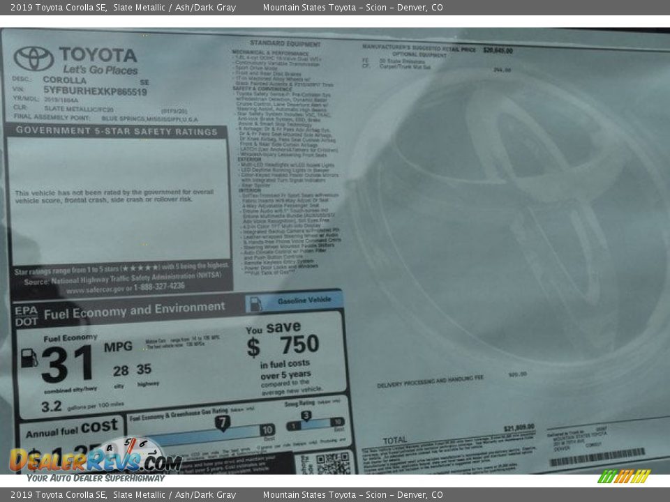 2019 Toyota Corolla SE Slate Metallic / Ash/Dark Gray Photo #36