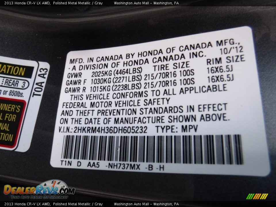 2013 Honda CR-V LX AWD Polished Metal Metallic / Gray Photo #22
