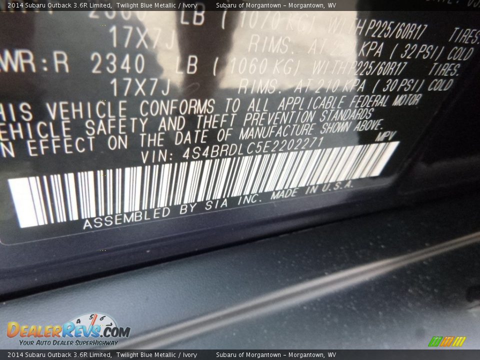 2014 Subaru Outback 3.6R Limited Twilight Blue Metallic / Ivory Photo #16