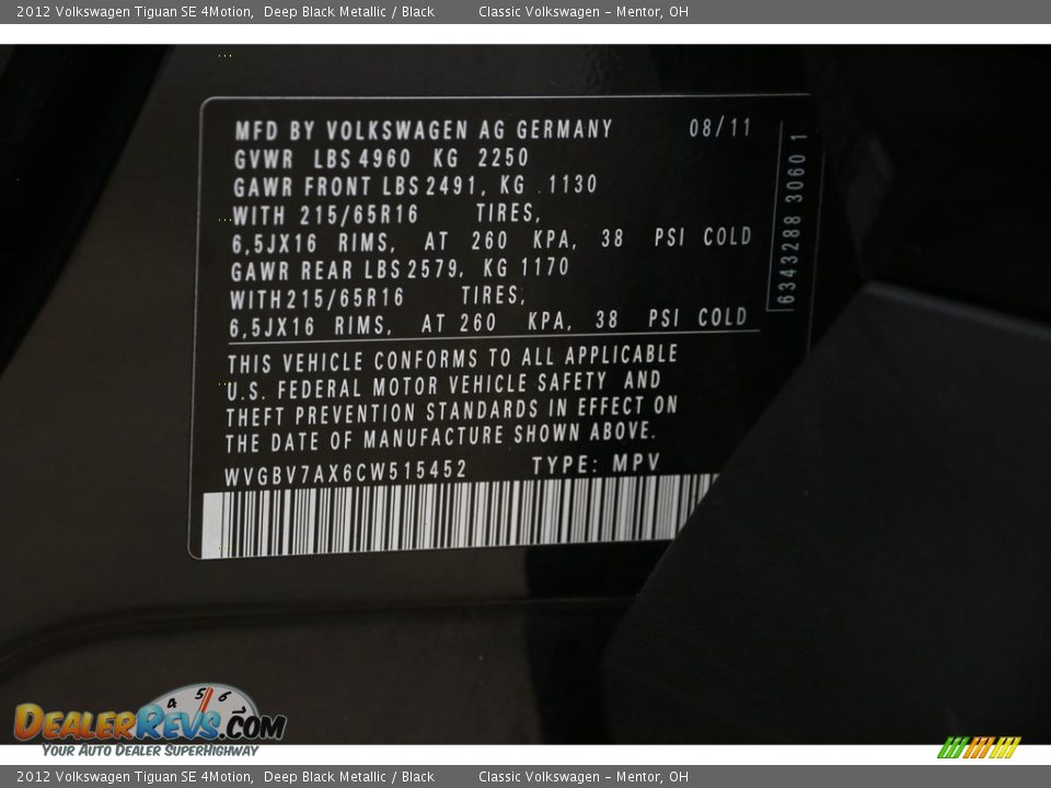 2012 Volkswagen Tiguan SE 4Motion Deep Black Metallic / Black Photo #16
