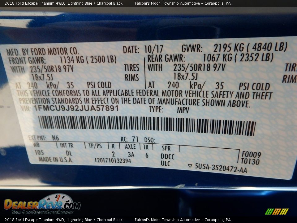2018 Ford Escape Titanium 4WD Lightning Blue / Charcoal Black Photo #23