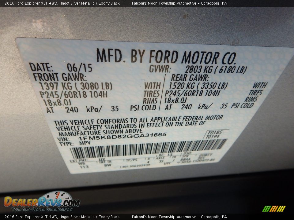 2016 Ford Explorer XLT 4WD Ingot Silver Metallic / Ebony Black Photo #23