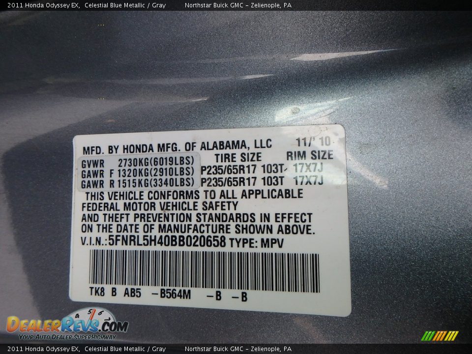 2011 Honda Odyssey EX Celestial Blue Metallic / Gray Photo #16