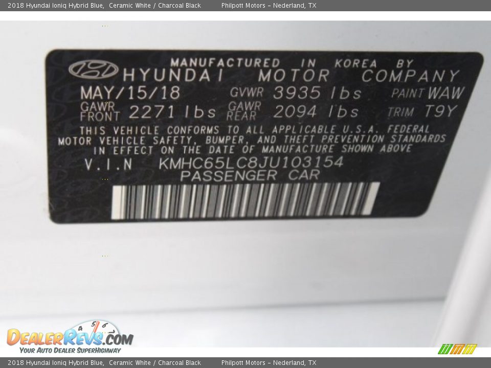 2018 Hyundai Ioniq Hybrid Blue Ceramic White / Charcoal Black Photo #36
