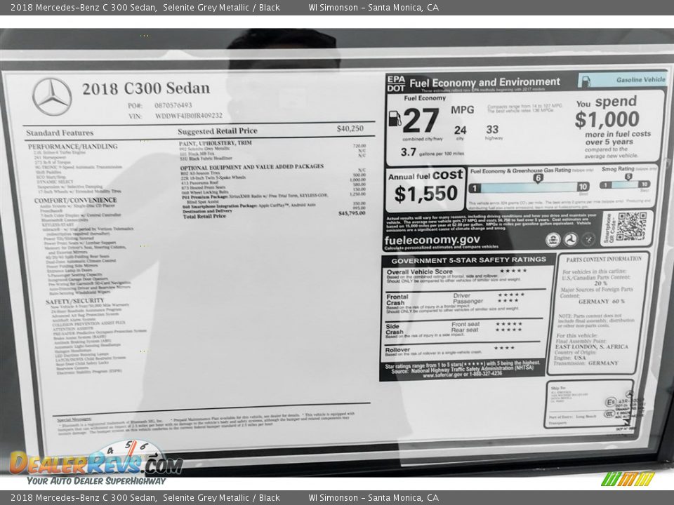 2018 Mercedes-Benz C 300 Sedan Selenite Grey Metallic / Black Photo #10