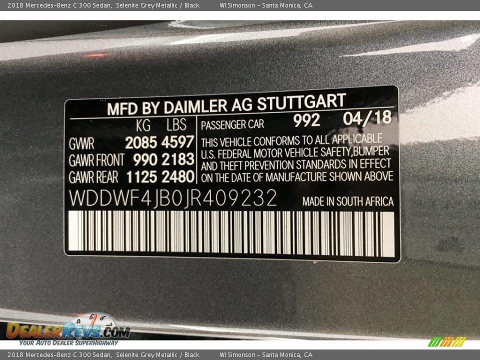 2018 Mercedes-Benz C 300 Sedan Selenite Grey Metallic / Black Photo #11