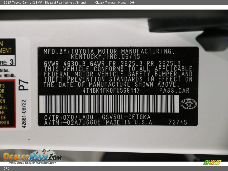 Toyota Color Code 070 Blizzard Pearl White