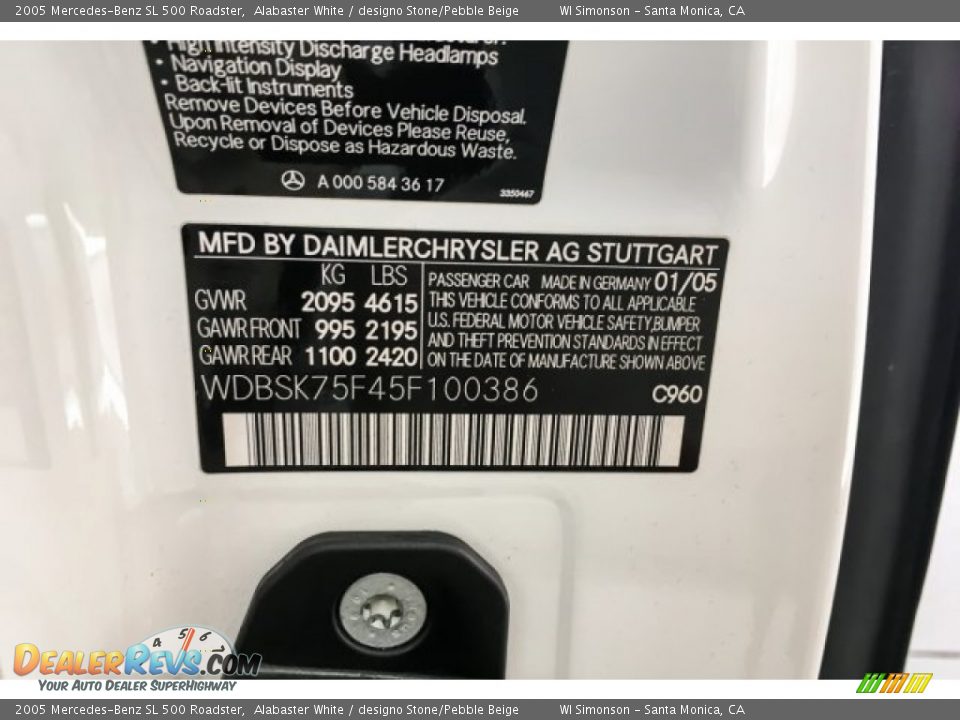 2005 Mercedes-Benz SL 500 Roadster Alabaster White / designo Stone/Pebble Beige Photo #21