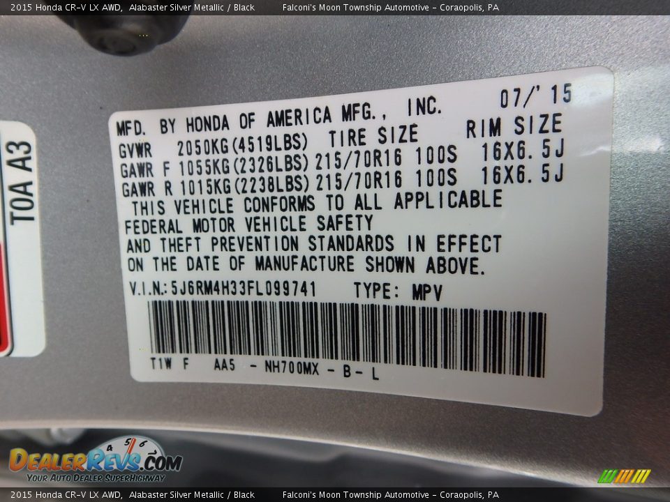 2015 Honda CR-V LX AWD Alabaster Silver Metallic / Black Photo #23